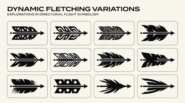 Graphic illustration of various dynamic fletching variations for arrows in flight dynamics and aerodynamics with a focus on design elements.