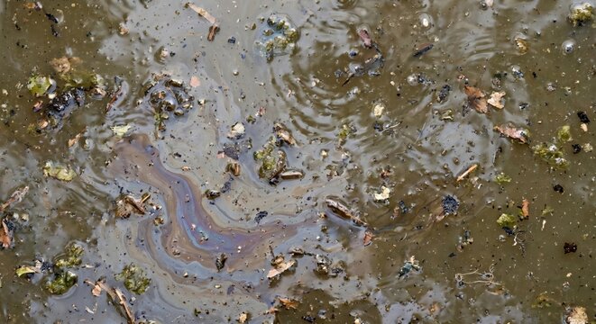 Close up abstract texture of murky brown water surface with iridescent oil slick and floating organic debris including leaves and twigs