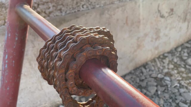 Rusty Bicycle Gear Cassette Mounted on Metal Pipe Outdoors