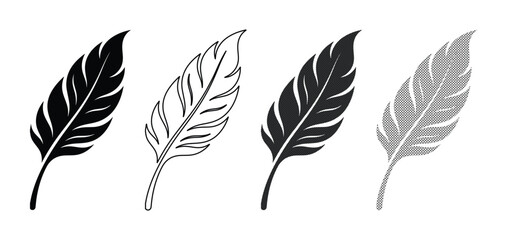 Elegant feather vector icons, a collection of four stylized quill pen designs. Black and grey plumage illustrations, perfect for writing, education, or vintage-themed graphic resources. © Logan