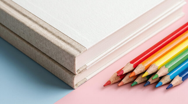 Minimalist linen bound notebooks with rainbow colored pencils on pastel background, education and creativity concept macro