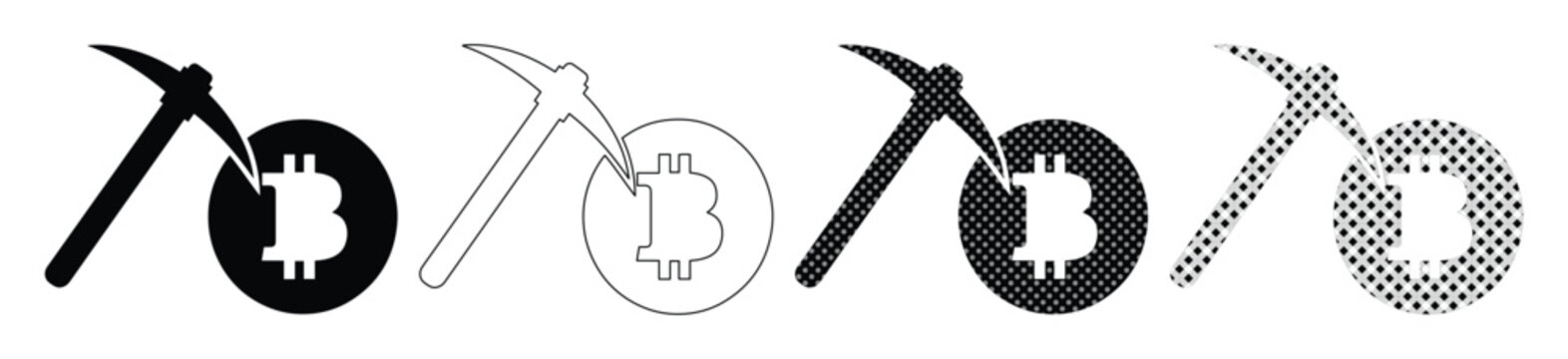 Bitcoin Mining Pickaxe Icon Set, cryptocurrency digital currency symbol, blockchain technology concept vector. Black and white crypto coin graphic for finance, investment