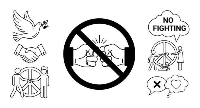 Peace symbols and anti-fighting icons representing harmony and conflict resolution.