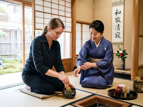 茶道体験で抹茶を点てる外国人女性と作法を優しく指導する着物の講師