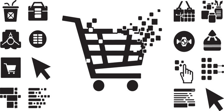E-commerce shopping cart icon with digital pixels disintegrating