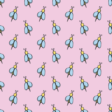 Seamless pattern with hand drawn happy funny cute honey bee Adorable flying striped insect friendly kawaii bumble bee For kids print, wrapping paper, packaging, fabric