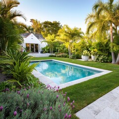 Fototapeta premium Relaxation and Nature Blend at a Private Pool Surrounded by Green Plants in Bright Sunlight