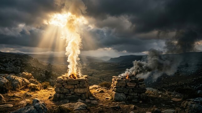 Divine judgment contrast: Cain rejection, Abel favor, sacred offering, Bible religion, early Genesis, worship act, faithful tribute, heavenly light, dark smoke.