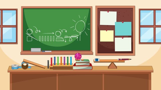 Cartoon Classroom Science Experiment with a Chain Reaction Popping a Balloon