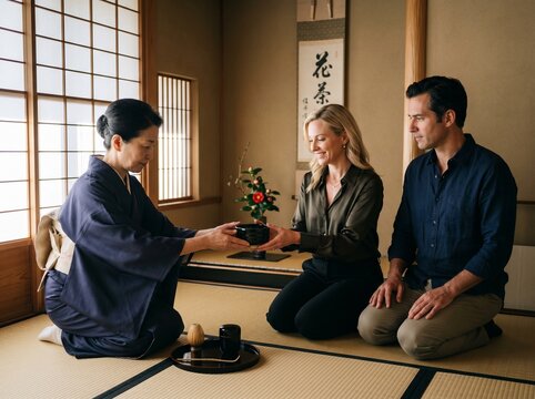 茶室で抹茶を差し出す着物姿の女性と笑顔で受け取る外国人カップルの茶道体験