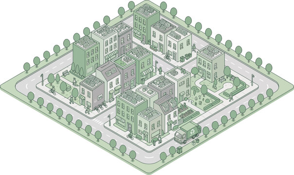 Sustainable logistics hub with recycling facilities and circular economy practices in a green urban neighborhood.