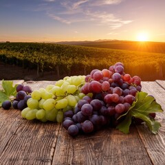 Obraz premium Sunset Over a Vineyard With Grapes on a Wooden Table During Harvest Time