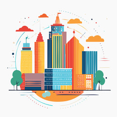 Obraz premium Colorful Abstract Cityscape with Skyscrapers and Clouds