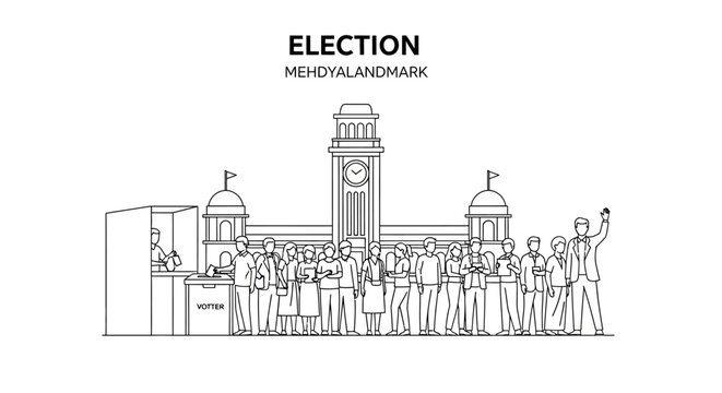 Large group of citizens queuing at a landmark for voting
