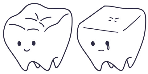 健康的な奥歯とくいしばりですり減った奥歯の線画イラストセット © 磨夜