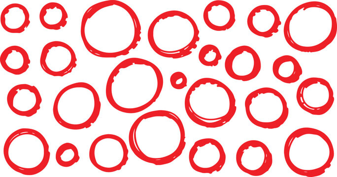 Set of black uneven circles drawn with thick outline by hand with paint brush with smeared, rough edges of different sizes. Vector illustration of sloppy rings