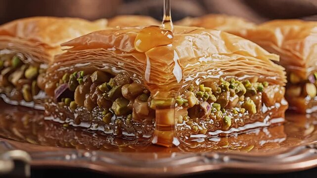 Delicious Pistachio Baklava Drizzled with Golden Syrup.