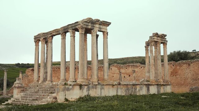 Temple building details of Juno Celestis (Junon Celestis), archaeological site of ancient Roman Dougga, Tunisia. High quality 4k footage
