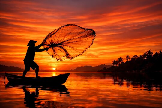 Striking silhouette of a traditional fisherman casting a large round net from a small boat during a fiery sunset. Suitable for cultural documentaries travelogues and fishing guides.