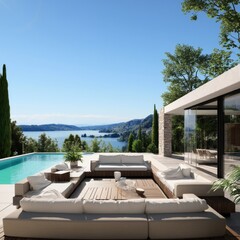 Fototapeta premium Modern House Overlooking Lake With Outdoor Seating and Trees Nearby
