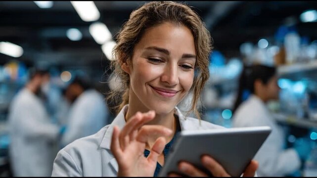 Scientist Using Digital Tablet: A diligent female scientist, illuminated by ambient laboratory lighting, thoughtfully uses a digital tablet in a modern laboratory.