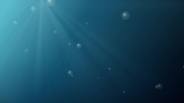 Deep Blue Ocean Water Background with Sunbeams and Rising Air Bubbles