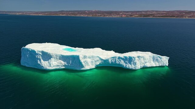 Drone aerial shot of a massive elongated tabular iceberg with blue meltwater pool floating in vivid green water off the coast of Newfoundland Canada