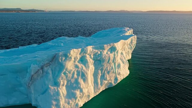 Close up aerial drone footage of the textured vertical wall of a large iceberg illuminated by warm sunset light floating in green Atlantic waters off Newfoundland