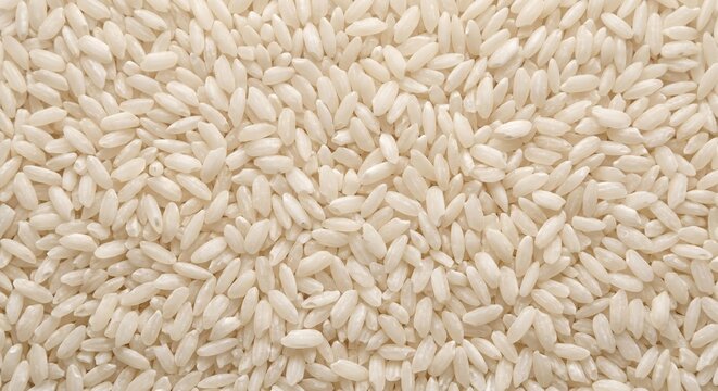 Close up overhead view of a textured background filled with uncooked white short grain rice kernels showing their plump oval shape