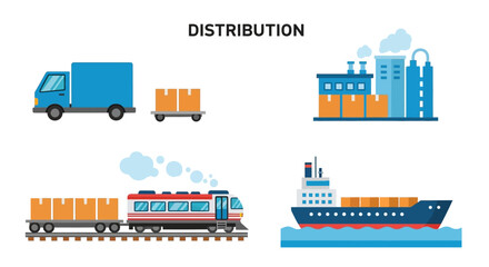 Naklejka premium Logistics and distribution concept with truck, train, ship, and factory illustration.