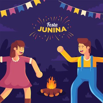 Festas Juninas illustration with dancing couple bonfire and colorful pennant flags high quality professional