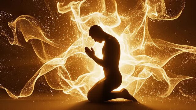 Silhouette of a person kneeling in prayer surrounded by glowing golden energy and light particles