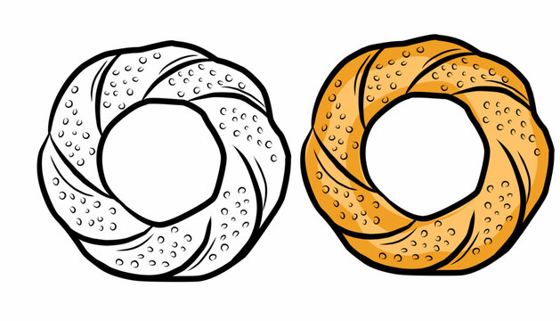 Simit Illustration. Turkish Sesame Bread. Hand Drawn Bakery Vector Style.