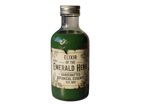 Vintage green glass bottle with elixir of the emerald herb label isolated on transparent background