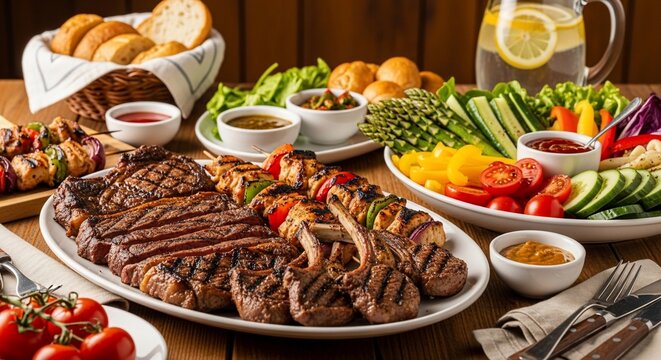 Grilled steak and vegetable platter with dipping sauces