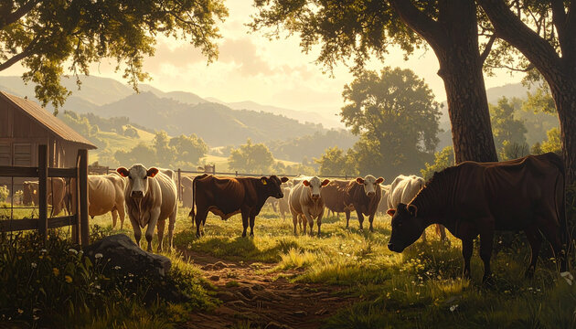 cows grazing peacefully in a green meadow at sunset