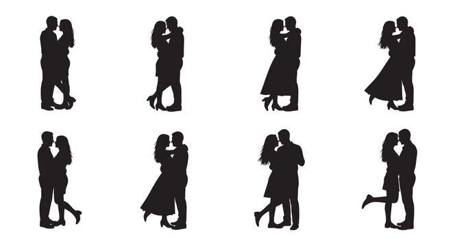 Couple embracing and kissing various poses black silhouette