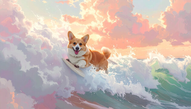 Corgi surfing on waves with cloudy sky
