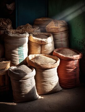 Bustling Ethiopian Market with Fresh Teff Grain Sacks in Morning Golden Light, Addis Ababa