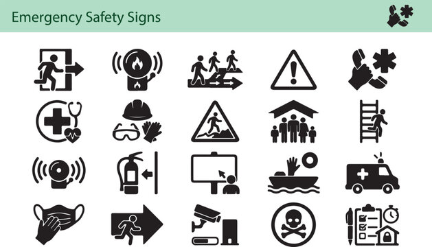 Emergency Safety Signage: A comprehensive collection of vital safety signs and symbols designed to guide and inform in various emergency situations, ensuring public awareness and preparedness.