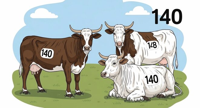 Cows in a green field with numbers on their bodies