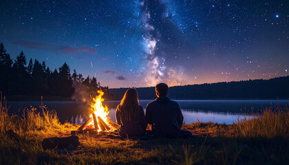 Couple sitting by campfire under starry night sky and lake