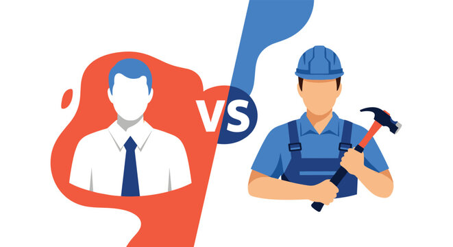 Professional comparison showing a white-collar office worker in a shirt and tie facing off against a blue-collar manual laborer with a hammer.
