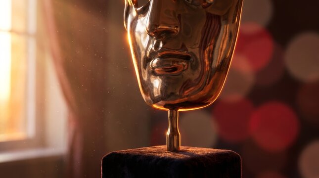Close-up of a golden mask trophy illuminated by sunlight in a cinematic indoor setting with bokeh background, symbolizing achievement in arts and cinema.