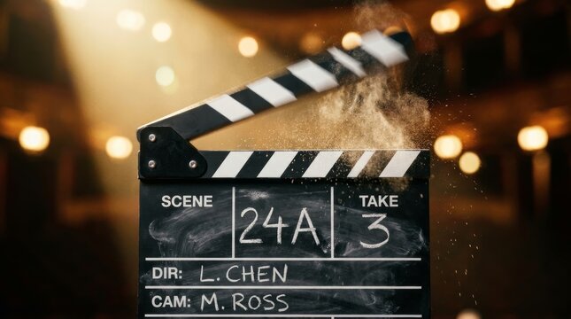 Professional movie clapperboard snapping shut with dust particles in a cinematic theater auditorium setting.