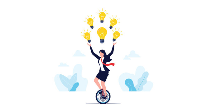Professional businesswoman balancing on a unicycle while juggling several glowing lightbulbs in the air.