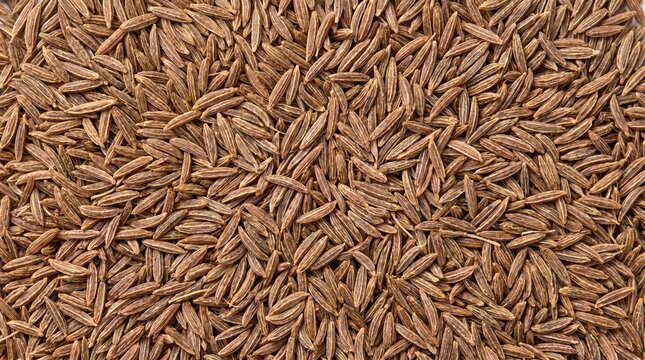 Macro of dried cumin seeds revealing their elongated shape and rich brown color forming a detailed, aromatic texture spice and culinary applications