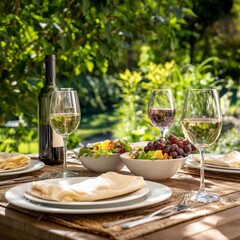 Obraz premium Delicious Food and Wine at a Garden Table During a Summer Gathering