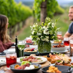 Obraz premium People Enjoy Food and Drinks at a Vineyard Gathering During a Sunny Day