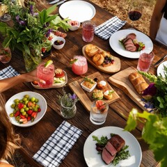 Obraz premium People Enjoy Food and Drinks at a Vineyard Gathering During a Sunny Day